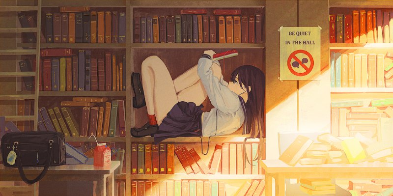 A: #でじE: #School_Uniform #Library #BackgroundS: Pixiv