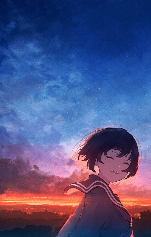 A: #みふるE: #School_Uniform #Sunset #CloudsS: Pixiv